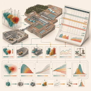 Illustration connecting mining technical review with financial analysis and investment decisions