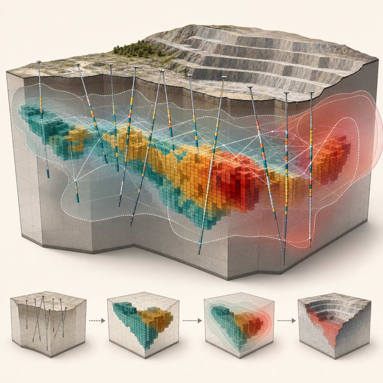 Conceptual geological block model illustrating resource confidence and drill spacing
