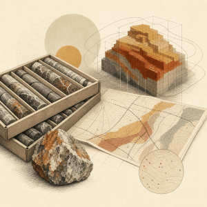 Editorial illustration of drill core, geological maps, and a mineral resource block model
