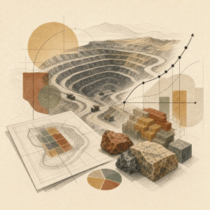 Editorial illustration of an open-pit mine, mine planning, and project integration